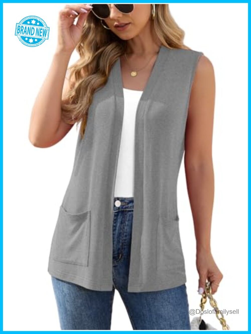 Sleeveless Open Front Cardigan Vest Lightweight Thin Layering Top with Pockets